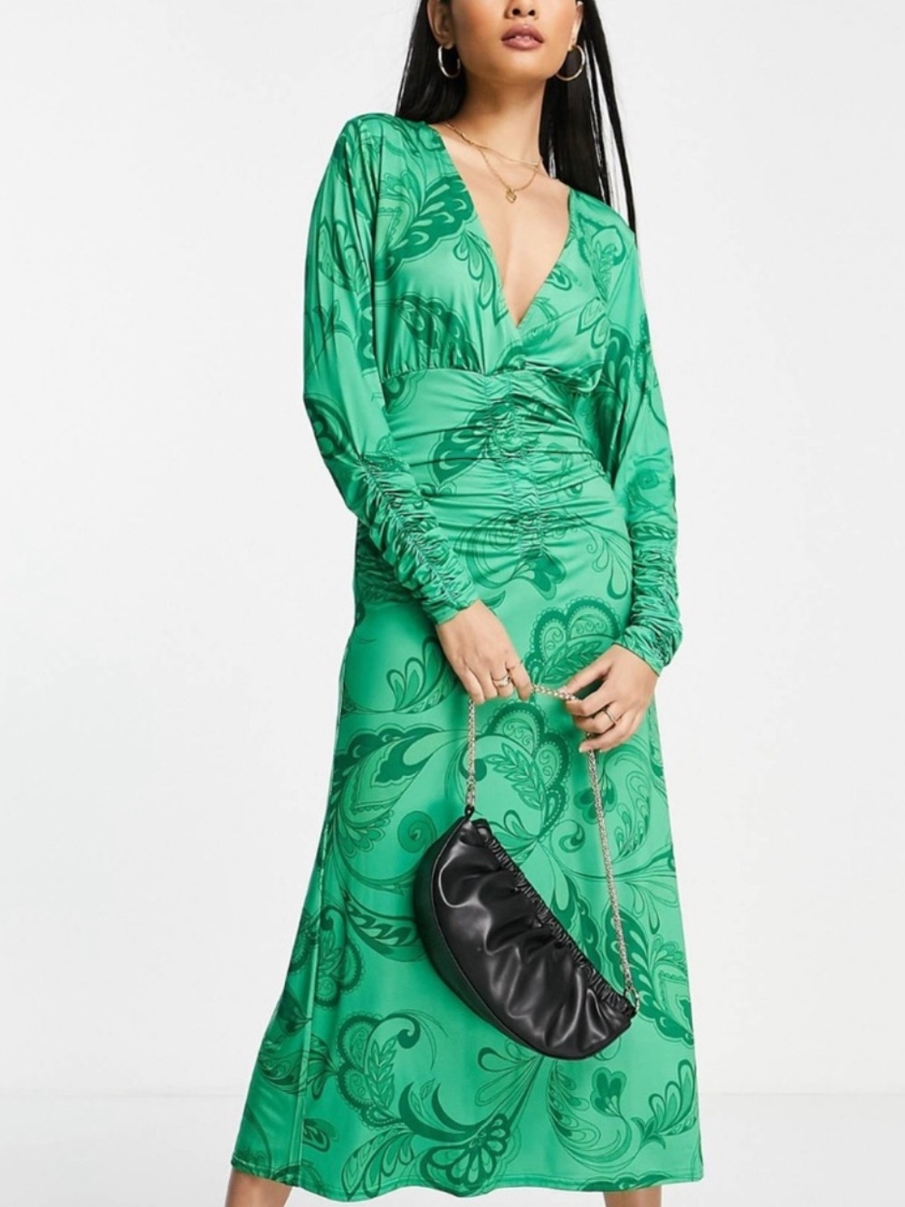 ASOS Green Printed V-Neck Maxi Dress